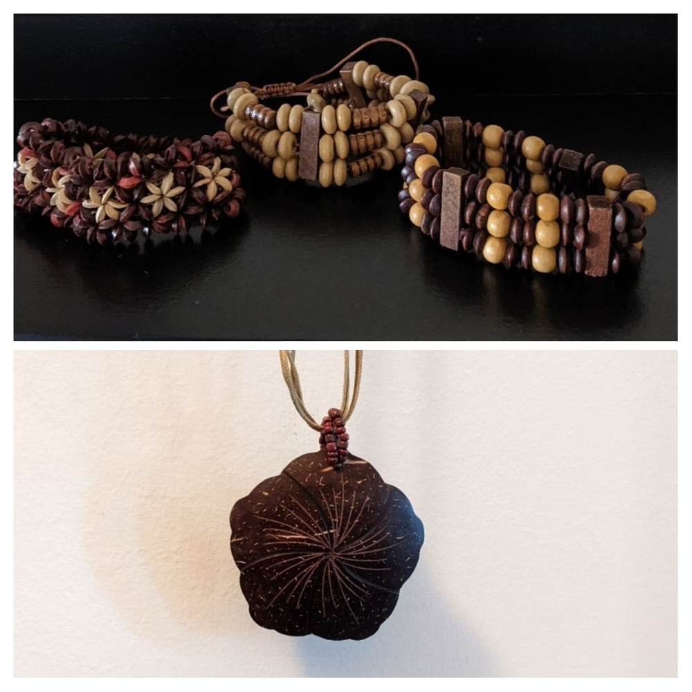 Boho Style Jewelry Wood Necklace + Bracelets - 4 pieces of Accessories NEW